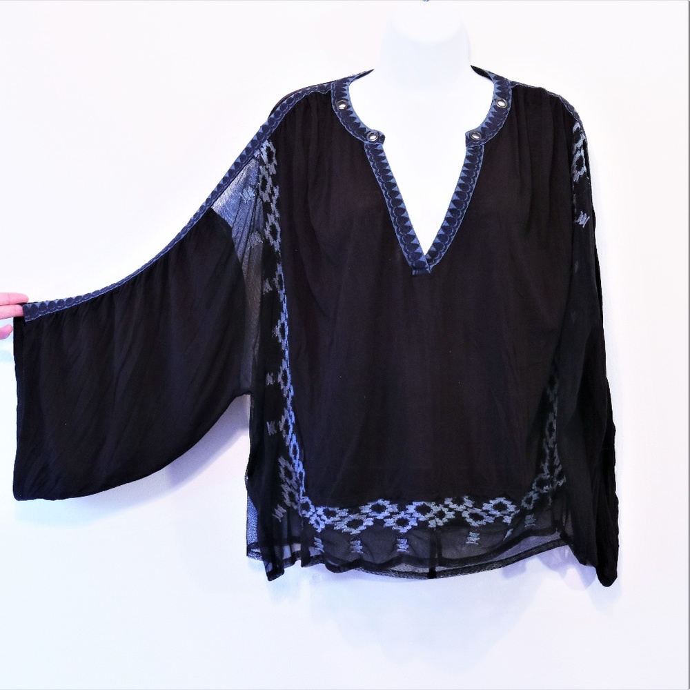 Free People Blue Boho Mesh V-Neck Long Sleeve Top